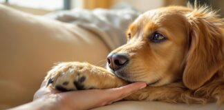 Ultra-photorealistic close-up shot of a golden retriever's paw gently resting in its owner's hand on a soft, beige sofa. Natural, warm daylight illuminates the scene from a window to the side, casting soft shadows. Shallow depth of field, sharp focus on the texture of the dog's fur and the gentle interaction of hand and paw. The dog's expressive eyes are visible and focused on the owner's hand. Background slightly blurred, suggesting a comfortable and inviting living room. Intimate, relaxed, and loving atmosphere. Ensure absolutely no text or lettering is present within the image.