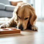 Hunde Tricks für Intelligenzförderung: Fordern Sie den Grips Ihres Hundes heraus! Hyperrealistic photo of a focused golden retriever intently solving a wooden dog puzzle toy in a bright living room. Natural daylight illuminates the scene, highlighting the detailed fur texture of the dog and the wood grain of the toy. Shallow depth of field, soft background. No text.