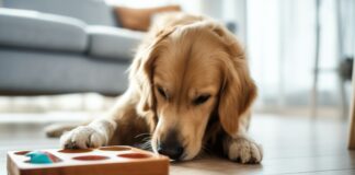 Hyperrealistic photo of a focused golden retriever intently solving a wooden dog puzzle toy in a bright living room. Natural daylight illuminates the scene, highlighting the detailed fur texture of the dog and the wood grain of the toy. Shallow depth of field, soft background. No text.