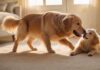 A young child and a golden retriever are joyfully interacting in a sunlit living room, the dog performing the 'play dead' trick, lying on its side. Golden hour lighting, soft focus, depth of field, hyperrealistic textures.