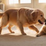 Hunde Tricks für Kinder: Gemeinsam Spaß & spielerische Erziehung! A young child and a golden retriever are joyfully interacting in a sunlit living room, the dog performing the 'play dead' trick, lying on its side. Golden hour lighting, soft focus, depth of field, hyperrealistic textures.