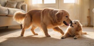 A young child and a golden retriever are joyfully interacting in a sunlit living room, the dog performing the 'play dead' trick, lying on its side. Golden hour lighting, soft focus, depth of field, hyperrealistic textures.