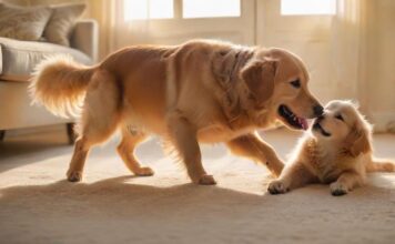 Hunde Tricks für Kinder: Gemeinsam Spaß & spielerische Erziehung! A young child and a golden retriever are joyfully interacting in a sunlit living room, the dog performing the 'play dead' trick, lying on its side. Golden hour lighting, soft focus, depth of field, hyperrealistic textures.