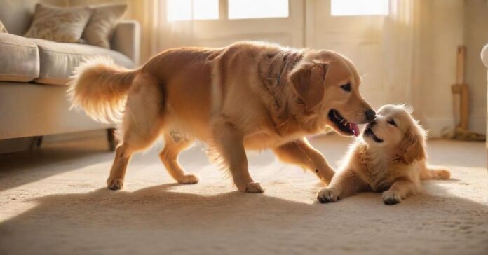 A young child and a golden retriever are joyfully interacting in a sunlit living room, the dog performing the 'play dead' trick, lying on its side. Golden hour lighting, soft focus, depth of field, hyperrealistic textures.