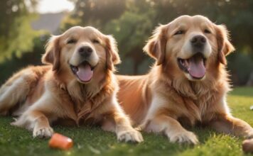 Hunde Tricks mit Clicker: Steigern Sie den Spaß & die Bindung mit Klick! A golden retriever enthusiastically performs a 'play dead' trick on a lush, green lawn, eyes closed, tongue lolling out, A clicker and treats are in focus in the foreground, bokeh background, golden hour lighting, hyperrealistic, no text