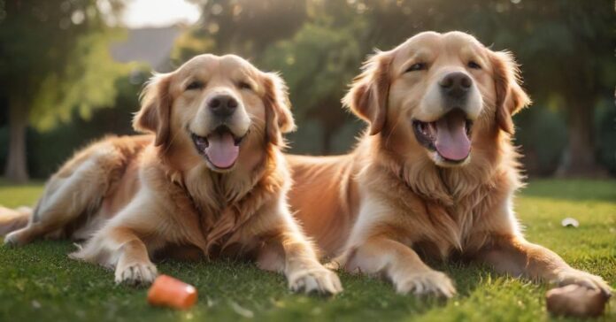 A golden retriever enthusiastically performs a 'play dead' trick on a lush, green lawn, eyes closed, tongue lolling out, A clicker and treats are in focus in the foreground, bokeh background, golden hour lighting, hyperrealistic, no text
