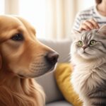Hunde und Katzen Eifersucht: So vermeiden Sie Rivalitäten im Mehrartenhaushalt! Hyperrealistic photograph. A golden retriever stares intensely with jealous eyes at its owner gently petting a fluffy Persian cat on a cozy sofa in a sunlit living room. Cinematic lighting, shallow depth of field, focus on the dog's expressive face. No text.