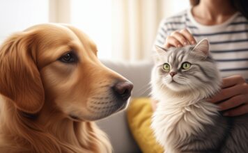 Hunde und Katzen Eifersucht: So vermeiden Sie Rivalitäten im Mehrartenhaushalt! Hyperrealistic photograph. A golden retriever stares intensely with jealous eyes at its owner gently petting a fluffy Persian cat on a cozy sofa in a sunlit living room. Cinematic lighting, shallow depth of field, focus on the dog's expressive face. No text.