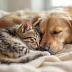Hunde und Katzen Freundschaft: Wunderbare Beispiele für tierische Harmonie! Hyperrealistic photograph of a golden retriever and a tabby cat curled up together, nose to nose, on a beige blanket. Soft window light highlights fur texture. Shallow depth of field. No text, artifact-free, anatomically correct.