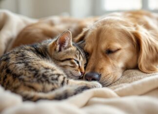 Hyperrealistic photograph of a golden retriever and a tabby cat curled up together, nose to nose, on a beige blanket. Soft window light highlights fur texture. Shallow depth of field. No text, artifact-free, anatomically correct.