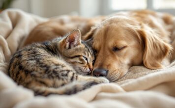 Hyperrealistic photograph of a golden retriever and a tabby cat curled up together, nose to nose, on a beige blanket. Soft window light highlights fur texture. Shallow depth of field. No text, artifact-free, anatomically correct.