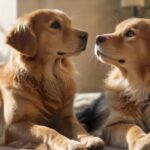 A golden retriever and a calico cat sit peacefully together in a sunlit living room, showcasing relaxed body language. Dog with soft eyes, tail wagging gently; cat purring, eyes half-closed. Hyperrealistic, natural lighting, no text.