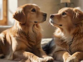 A golden retriever and a calico cat sit peacefully together in a sunlit living room, showcasing relaxed body language. Dog with soft eyes, tail wagging gently; cat purring, eyes half-closed. Hyperrealistic, natural lighting, no text.