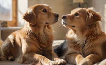 A golden retriever and a calico cat sit peacefully together in a sunlit living room, showcasing relaxed body language. Dog with soft eyes, tail wagging gently; cat purring, eyes half-closed. Hyperrealistic, natural lighting, no text.