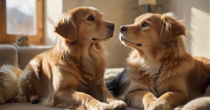 A golden retriever and a calico cat sit peacefully together in a sunlit living room, showcasing relaxed body language. Dog with soft eyes, tail wagging gently; cat purring, eyes half-closed. Hyperrealistic, natural lighting, no text.