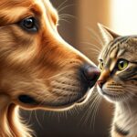 Hunde und Katzen zusammenführen: So gelingt das harmonische Zusammenleben! Hyperrealistic extreme close-up of a golden retriever and tabby cat gently touching noses. Eye-level, slightly angled perspective. Soft, warm sunlight, detailed fur textures, whiskers. Shallow depth of field, cozy home background blurred. Gentle, curious expressions. Photorealistic, no text.