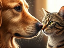 Hyperrealistic extreme close-up of a golden retriever and tabby cat gently touching noses. Eye-level, slightly angled perspective. Soft, warm sunlight, detailed fur textures, whiskers. Shallow depth of field, cozy home background blurred. Gentle, curious expressions. Photorealistic, no text.