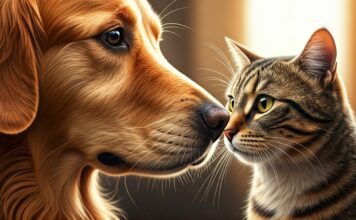 Hyperrealistic extreme close-up of a golden retriever and tabby cat gently touching noses. Eye-level, slightly angled perspective. Soft, warm sunlight, detailed fur textures, whiskers. Shallow depth of field, cozy home background blurred. Gentle, curious expressions. Photorealistic, no text.