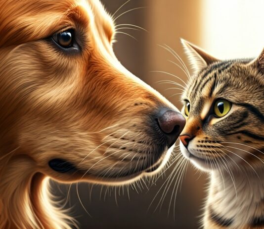 Hyperrealistic extreme close-up of a golden retriever and tabby cat gently touching noses. Eye-level, slightly angled perspective. Soft, warm sunlight, detailed fur textures, whiskers. Shallow depth of field, cozy home background blurred. Gentle, curious expressions. Photorealistic, no text.