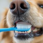 Hyperrealistic close-up of a golden retriever's mouth during teeth brushing. A hand gently guides a blue toothbrush with white toothpaste across its teeth. Focus on wet fur texture, detailed tooth enamel, soft brush bristles, and natural daylight. Shallow depth of field. No text.