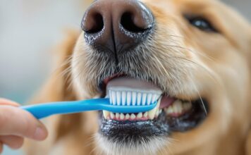 Hunde Zahnpflege: Für ein gesundes Hundegebiss! Hyperrealistic close-up of a golden retriever's mouth during teeth brushing. A hand gently guides a blue toothbrush with white toothpaste across its teeth. Focus on wet fur texture, detailed tooth enamel, soft brush bristles, and natural daylight. Shallow depth of field. No text.