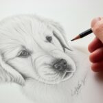 Hyperrealistic close-up of hands sketching a Golden Retriever puppy head with graphite pencils on textured paper. Soft natural light from a window illuminates the scene, highlighting hand skin texture, pencil strokes, and paper fibers. Shallow depth of field, blurred background. No text.