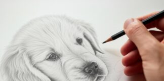 Hyperrealistic close-up of hands sketching a Golden Retriever puppy head with graphite pencils on textured paper. Soft natural light from a window illuminates the scene, highlighting hand skin texture, pencil strokes, and paper fibers. Shallow depth of field, blurred background. No text.