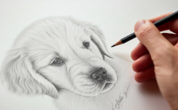 Hunde zeichnen lernen: Schritt für Schritt zum Hundeportrait! Hyperrealistic close-up of hands sketching a Golden Retriever puppy head with graphite pencils on textured paper. Soft natural light from a window illuminates the scene, highlighting hand skin texture, pencil strokes, and paper fibers. Shallow depth of field, blurred background. No text.