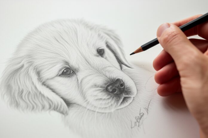 Hyperrealistic close-up of hands sketching a Golden Retriever puppy head with graphite pencils on textured paper. Soft natural light from a window illuminates the scene, highlighting hand skin texture, pencil strokes, and paper fibers. Shallow depth of field, blurred background. No text.