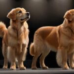 A photorealistic image of a well-groomed Golden Retriever standing proudly in a dog show ring, spotlight illuminating its perfect fur, focused and composed, showcasing ideal breed standards, no text.