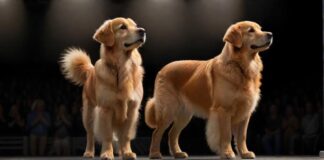 A photorealistic image of a well-groomed Golden Retriever standing proudly in a dog show ring, spotlight illuminating its perfect fur, focused and composed, showcasing ideal breed standards, no text.