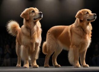 Hundeausstellungen: So präsentieren Sie Ihren Liebling erfolgreich! A photorealistic image of a well-groomed Golden Retriever standing proudly in a dog show ring, spotlight illuminating its perfect fur, focused and composed, showcasing ideal breed standards, no text.