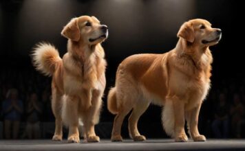 A photorealistic image of a well-groomed Golden Retriever standing proudly in a dog show ring, spotlight illuminating its perfect fur, focused and composed, showcasing ideal breed standards, no text.