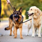 Hyperrealistic photograph, tense German Shepherd on leash encounters calm Golden Retriever on a park path. Soft daylight, shallow depth of field, focus on dogs' faces. Photorealistic, no text, artifact-free, perfect anatomy, natural textures, professional quality.