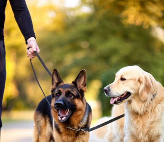 Hyperrealistic photograph, tense German Shepherd on leash encounters calm Golden Retriever on a park path. Soft daylight, shallow depth of field, focus on dogs' faces. Photorealistic, no text, artifact-free, perfect anatomy, natural textures, professional quality.