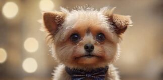 A hyperrealistic,close-up portrait of a perfectly groomed small dog, sporting a stylish Teddy-Cut. Soft, diffuse lighting highlights the texture of the fur, with a shallow depth of field, bokeh background. No text, artifact-free.