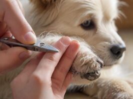 Close-up hyperrealistic photo of a person carefully trimming a dog's nails with a stainless steel clipper, soft natural lighting, dog is calm, focus on the paw and clipper, bokeh background, no text.
