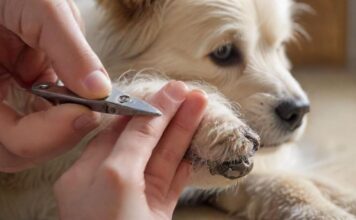 Hundekrallen schneiden: So geht’s einfach und sicher! Close-up hyperrealistic photo of a person carefully trimming a dog's nails with a stainless steel clipper, soft natural lighting, dog is calm, focus on the paw and clipper, bokeh background, no text.