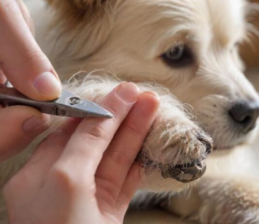 Close-up hyperrealistic photo of a person carefully trimming a dog's nails with a stainless steel clipper, soft natural lighting, dog is calm, focus on the paw and clipper, bokeh background, no text.