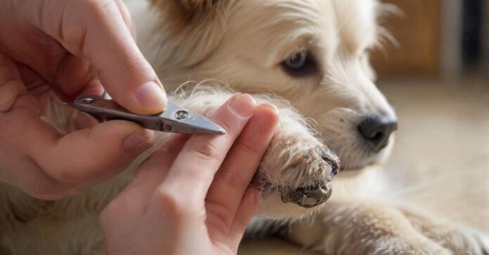 Close-up hyperrealistic photo of a person carefully trimming a dog's nails with a stainless steel clipper, soft natural lighting, dog is calm, focus on the paw and clipper, bokeh background, no text.