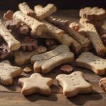 A hyperrealistic close-up of a variety of dog treats, including baked biscuits, chewy sticks, and training treats, scattered on a rustic wooden table, sunlight streaming in, no text
