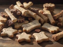 A hyperrealistic close-up of a variety of dog treats, including baked biscuits, chewy sticks, and training treats, scattered on a rustic wooden table, sunlight streaming in, no text