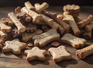 Hundeleckerlis: Belohnung, Beschäftigung & Zahnpflege in einem! A hyperrealistic close-up of a variety of dog treats, including baked biscuits, chewy sticks, and training treats, scattered on a rustic wooden table, sunlight streaming in, no text