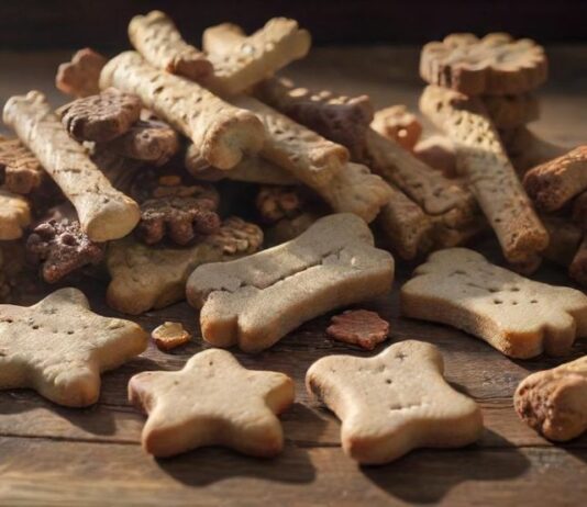 A hyperrealistic close-up of a variety of dog treats, including baked biscuits, chewy sticks, and training treats, scattered on a rustic wooden table, sunlight streaming in, no text