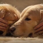 Hundemassage: Sanfte Berührungen A close-up, hyperrealistic shot of a person's hands gently massaging a golden retriever. Soft, warm lighting highlights the dog's relaxed expression and fur texture. Bokeh background, calming atmosphere, no text.