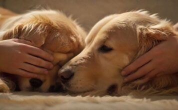 Hundemassage: Sanfte Berührungen A close-up, hyperrealistic shot of a person's hands gently massaging a golden retriever. Soft, warm lighting highlights the dog's relaxed expression and fur texture. Bokeh background, calming atmosphere, no text.