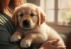 Hundepension Alternative: Liebevolle Betreuung für Ihren Hund – auch ohne Pension! Hyperrealistic portrait of a golden retriever puppy being lovingly cradled in a woman's arms in a sun-drenched living room. Soft, warm sunlight, shallow depth of field, focus on puppy's eyes and gentle hands. Detailed fur, realistic skin texture. Intimate, cozy atmosphere. No text.