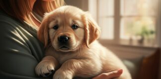 Hyperrealistic portrait of a golden retriever puppy being lovingly cradled in a woman's arms in a sun-drenched living room. Soft, warm sunlight, shallow depth of field, focus on puppy's eyes and gentle hands. Detailed fur, realistic skin texture. Intimate, cozy atmosphere. No text.