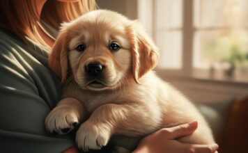 Hundepension Alternative: Liebevolle Betreuung für Ihren Hund – auch ohne Pension! Hyperrealistic portrait of a golden retriever puppy being lovingly cradled in a woman's arms in a sun-drenched living room. Soft, warm sunlight, shallow depth of field, focus on puppy's eyes and gentle hands. Detailed fur, realistic skin texture. Intimate, cozy atmosphere. No text.