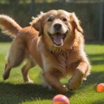 A golden retriever joyfully plays in a sunlit, spacious outdoor area of a dog boarding facility. Clean, modern indoor kennels visible in the background, attentive staff member nearby, hyperrealistic, photorealistic